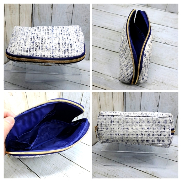 Sophia+Joy White Texture Blue Poly Lining MultiPocket Gold Zip Cosmetic Pouch - Picture 4 of 7